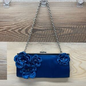 AMERICAN EAGLE OUTFITTERS - Blue CLUTCH PURSE Handbag Satin Flower Accent  AEO